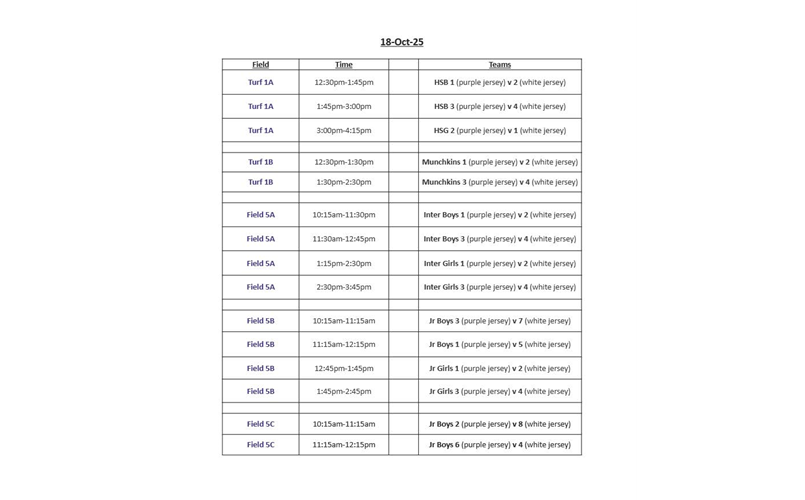 Fall Rec Schedule - October 18, 2025