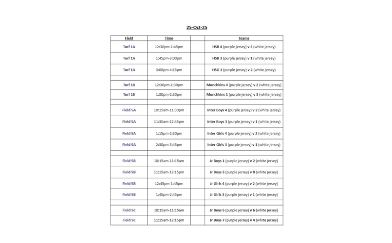 Fall Rec Schedule - October 25, 2025